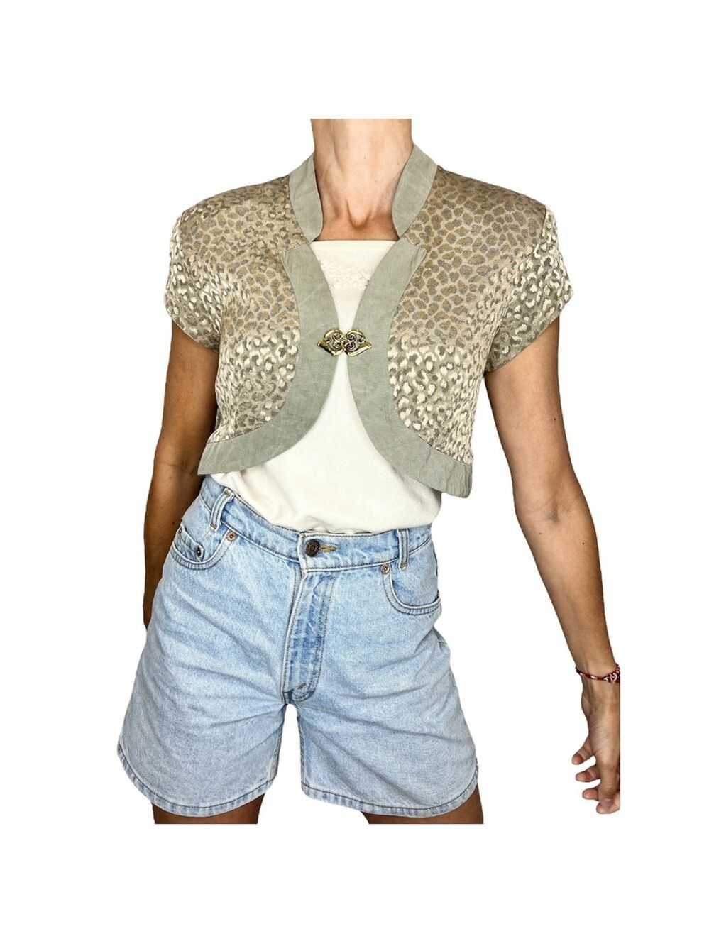 Vintage Canadian made sage green taupe metallic animal print cropped jacket 12 - Picture 3 of 15